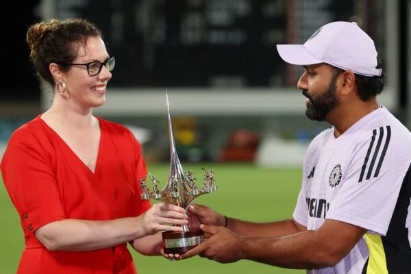 भारत वि पीएम XI Rohit Sharma with the Trophy, IND vs PM XI